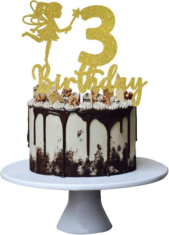 Fairy 3rd Girl Birthday Cake Topper for Sweet Baby Three Decorations , Hello Cheers to 3 Years Old Party Sign , Handmade (Gold)