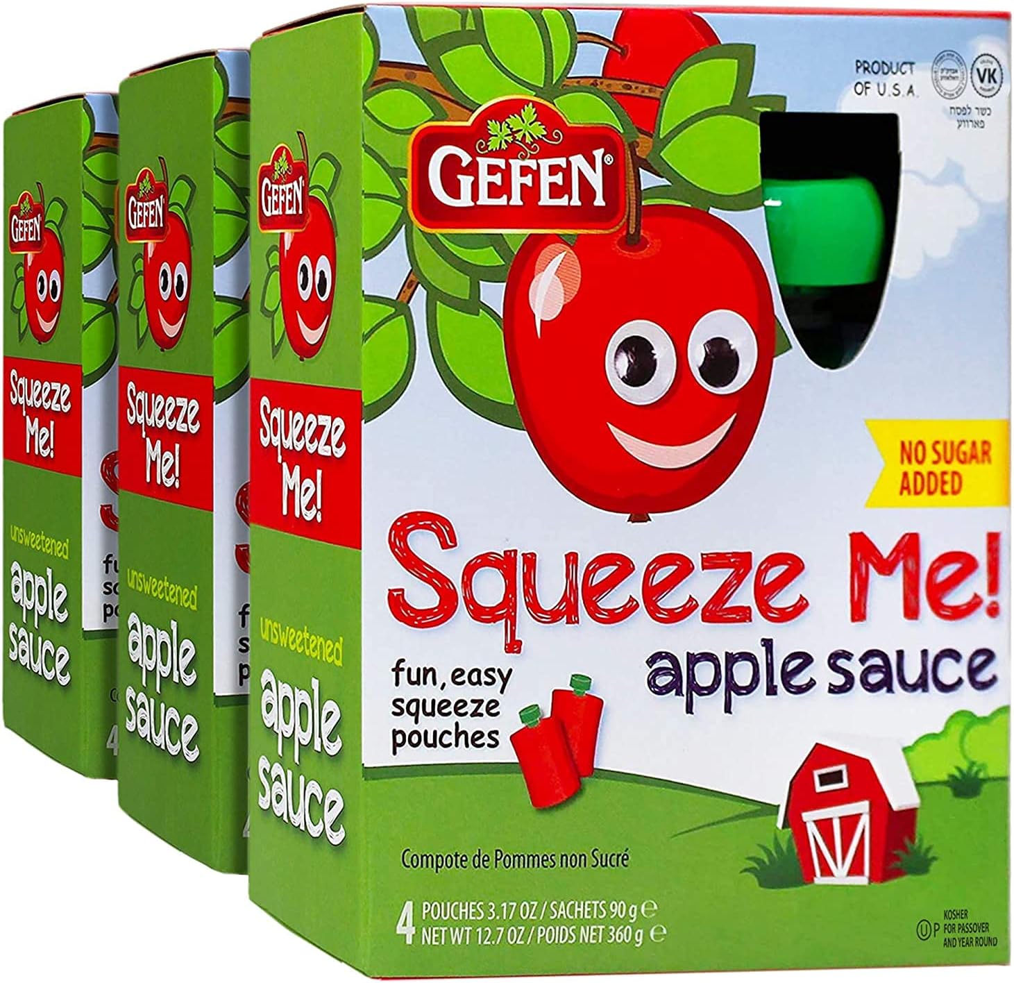 Gefen Apple Sauce Squeeze Pouches, Unsweetened Apple Puree Fruit Snack for Kids, Natural, No Added Sugar, 4 x 90g Pack of 3