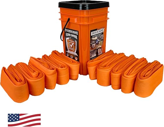 Quick Dam WUGG10-10 Emergency Flood Kit 10 Pack of 10ft Water Dams (100ft Total) Absorbs 3.75 Gal Each Fast-Acting Indoor Flood Barrier with Hi-Vis Orange Bucket