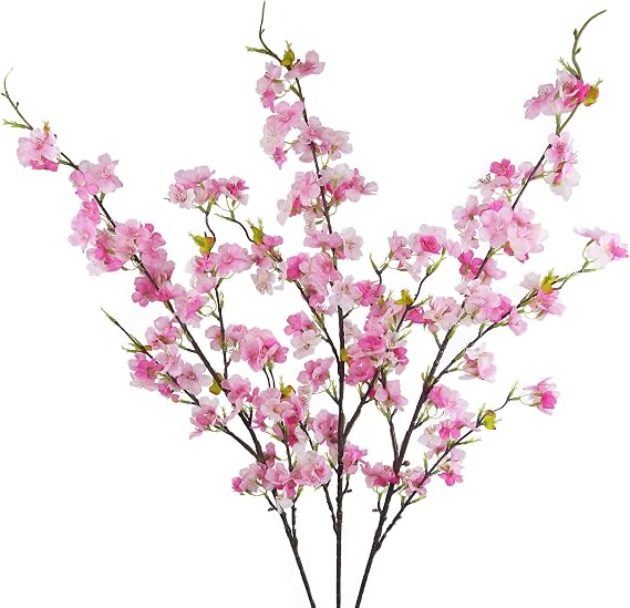 3 Pcs Artificial Cherry Blossom Flower Silk Peach Flowers Bulk Plum Blossom Flowers with Leaves Cherry Blossom Branches Vase Arrangements for Spring Wedding Indoor Outdoor DIY Party Decor Pink