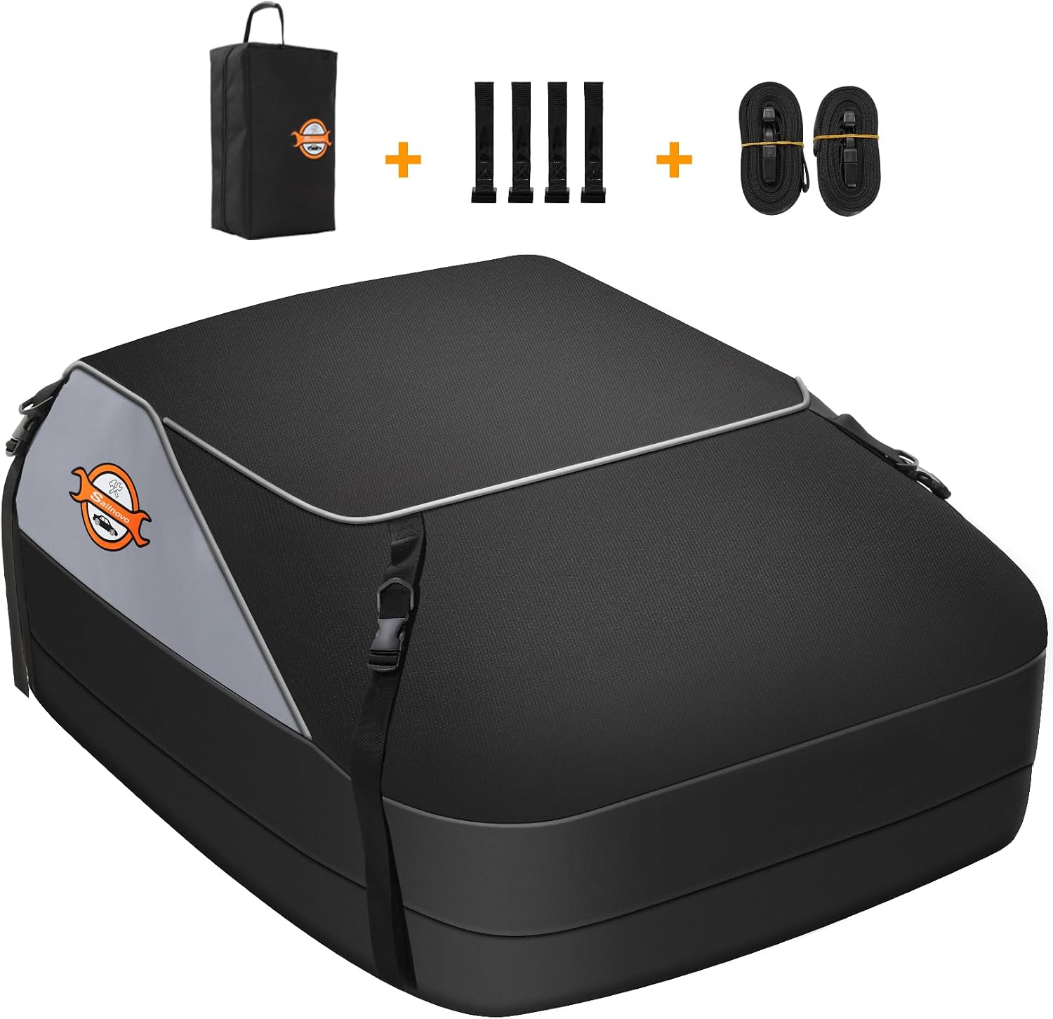 Sailnovo Car Roof Box 15 Cubic Feet Foldable Heavy-Duty Waterproof 1000D, 6 Reinforced Straps, 4 Door Hooks, for Travel and Luggage Transport, for All Vehicles withwithout Pannier Rack