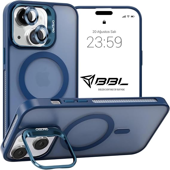 Babilden iPhone 14 İçin Kılıf Kamera Korumalı Magsafe İle Uyumlu Kablosuz Şarj Özellikli Mat Şeffaf Renkli Standlı Lens Hediyeli Telefon Kılıfı (Lacivert)