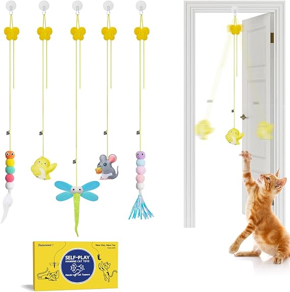 Potaroma Interactive Cat Feather Toys 5 Pcs, Cat Teaser Retractable Hanging Indoor Kitten Play Chase Exercise, Mental Physical Stimulation for All Breeds and Species | Retractable Hanging Cat Toys, Indoor Kitten Play Chase Exercise, Mental Physical Stimulation for All Breeds