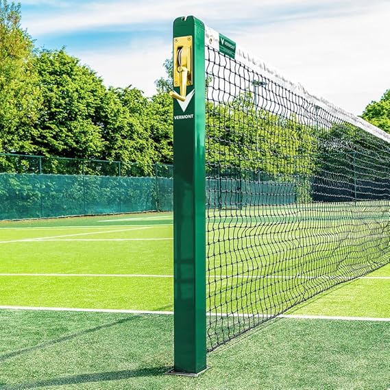 Vermont Square Tennis Posts [ITF Regulation] | 76mm Powder Coated Steel Optional Standard or Flip Top Ground Sockets Blue, Black or Green Tennis Posts
