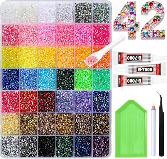 Bedazzling Kit 3mm Resin Rhinestones Gems with Glue 42 Colors | Bedazzler Kit for Kids Teen Girls with 3Pcs 10ml B7000 Jewelry Glue for Nail Art, Greeting cards Craft