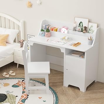Kids Study Desk with Chair,Wooden Children Study Table, Kids Desk & Chair Sets with Hutch and Storage Cabinet for 3-12 Year Old, Student Writing Desk Computer Workstation for Kids Bedroom & Study Room