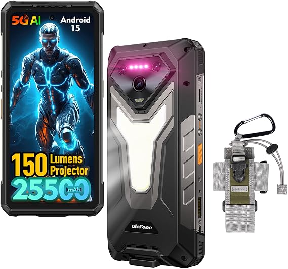 Ulefone Armor 34 Pro Plus 5G Rugged Phone Unlocked with 150 Lumens Projector, 32GB+512GB ROM/2TB, 25500mAh 66W, Android 15 6.95" 120Hz, 64MP+50MP+50MP 32MP, 1100LM LED Light/Waterproof/NFC/Widevine L1