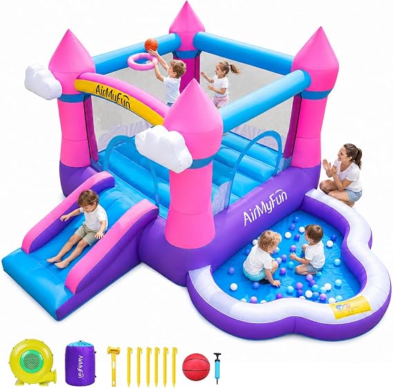 AirMyFun Pink Indoor/Outdoor Inflatable Bounce House for Kids 3-8 - Bouncy Castle with Slide, Blower, Water Pool & Ball Pit