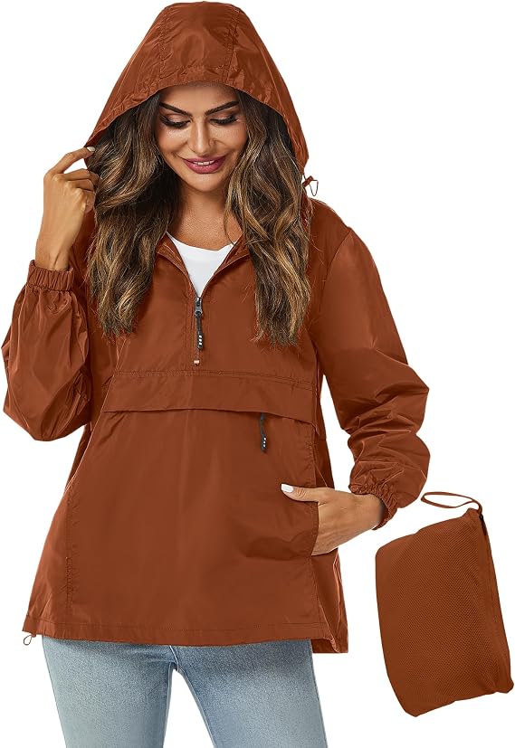 Avoogue Womens Rain Jacket with Hood,Pullover,Packable,Lightweight,Windbreaker,Waterproof,Breathable.
