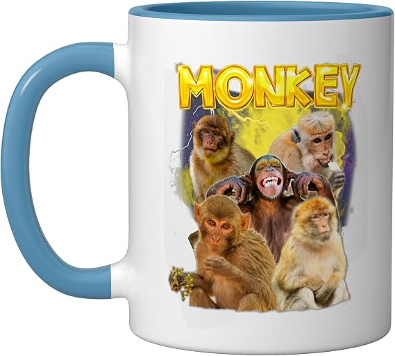 Monkey Meme Lover Funny Animal Humor Hilarious Trending Ceramic Mug, Blue/White