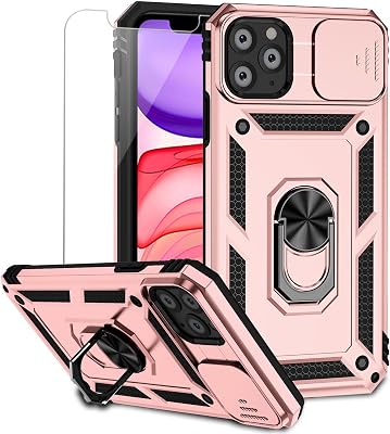 for iPhone 11 Pro Case with Camera Lens Cover HD Screen Protector, Dual Layer Military Grade Drop Protection Magnetic Ring Holder Kickstand Protective Phone Case for iPhone 11 Pro 5.8 inch Rose Gold