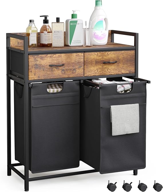 Mondeer Laundry Basket, 2 Compartments Laundry Hamper 100L, 2 Drawers | Washing Basket with Pull Out and Removable Liner Bags, 4 Wheels and 4 Feet, Clothes Sorter, Shelf, 72x33 x92cm, Rustic Brown