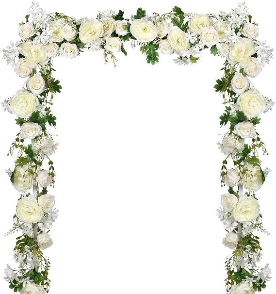 2Pack Artificial Peony Flower Garland - Silk Peony Garland with White Flowers for Wedding Party Table Decoration,6ft/Strand