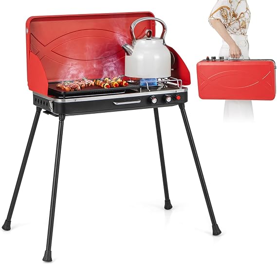 2-Burner Propane Camping Stove, Portable Camp Grill w/Roast Grill, 3-Sided Wind Screen, Removable Leg, Dual Control Knobs, Outdoor Stove for BBQ Picnic, 20000 BTU (Red)