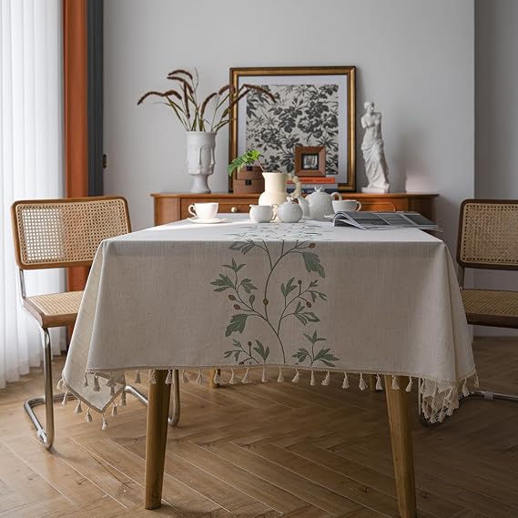 Kerio Cotton Linen Tablecloth Farmhouse Rectangle Table Cloth Coffee Wrinkle Free Table Cover for Dining Table, Blue Flower, 39x71 Inch