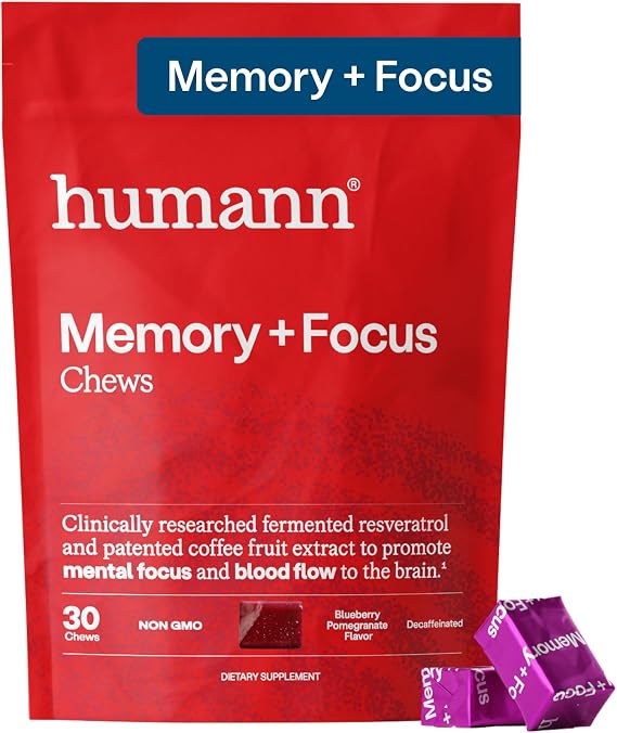 HumanN Memory + Focus Chews, Cognitive, Blueberry Pomegranate Flavor, 30 Ct