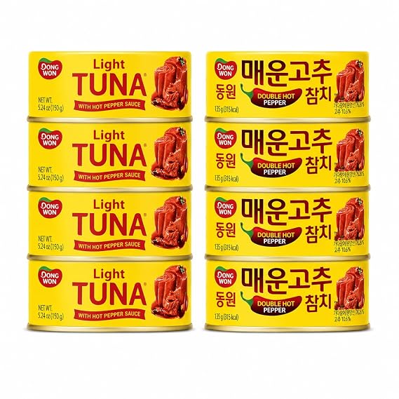 Korean Spicy Tuna Variety Pack (8 Cans) Light Tuna with Hot Pepper Sauce 5.29oz (4 Pack) + Double Hot Pepper Tuna 4.76oz (4 Pack) Ready to Mix with Rice, Easy Korean Meal Kit(Dongwon)