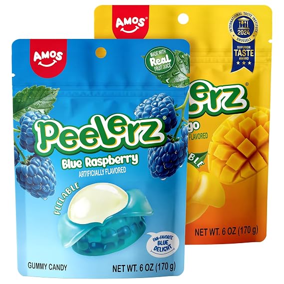 AMOS Peelerz Peelable Gummy Candy Variety Pack, Mango & Blue Raspberry, Soft Chewy Fruit Snack Made with Real Fruit Juice, Fun Peel & Eat Treat, 2 Pack 170g