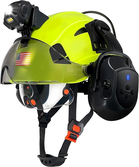 SAFEBUILDER Hard Hats with Bluetooth Ear Muffs Headlight Safety Helmet with Visor Vented Adjustable Construction Forestry Hardhats ANSI