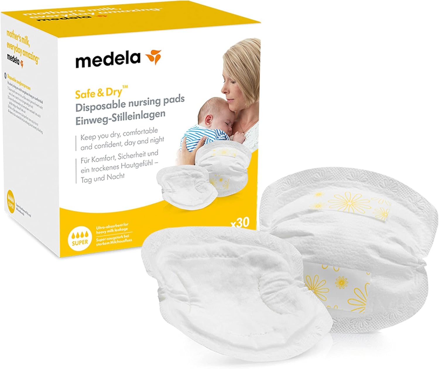 Medela Safe&Dry Breast Pad 30s - Hidden Breastfeeding Pads, 30 Separately Wrapped Breast Pad Packs