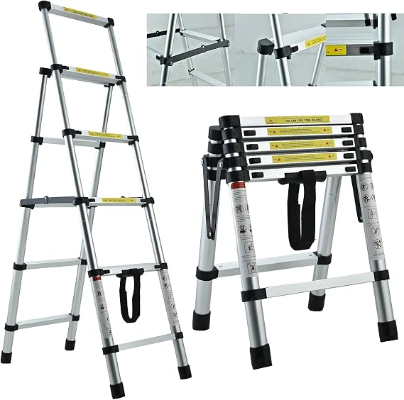 4+5 Step Ladder Folding Telescopic Stepladder with Anti Slip Feet Sturdy Aluminium Tread Ladders 330lbs Capacity Office Home Improvement Tools EN131 Safety