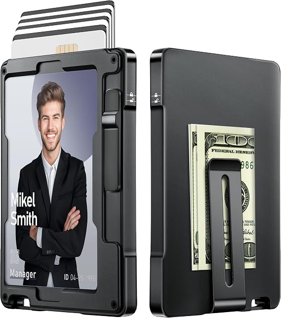 Minimalist Wallet for Men, Metal Money Clip, Pop-Up Card Holder (Black) | Slim Aluminum Card Case, RFID Blocking Mens Wallet, with ID Window, Front Pocket Wallet for Men, gift for men
