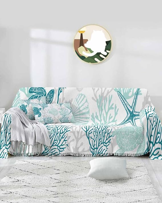 Turquoise Grey Coastal Coral Sofa Couch Covers for 3 Cushion Couch,Washable L Shape Sectional Sofa Covers for Loverseat,Ocean Nautical Summer Beach Turtle Starfish Slipcover Blanket Futon Cover 71x134