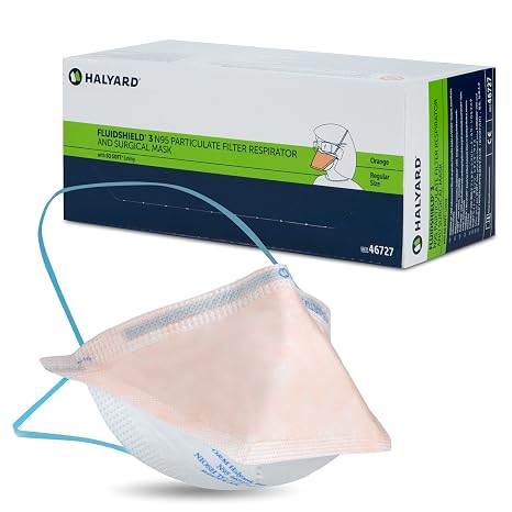 HALYARD FLUIDSHIELD N95 Respirators, ASTM Level 3 Mask, Regular Size, Orange, 46727 (Pack of 6, 210 Count Total)