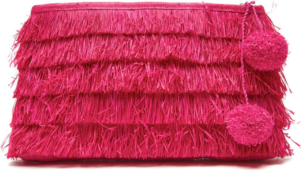 MAR Y SOL Sasha Fringe Raffia Clutch w Pom Poms