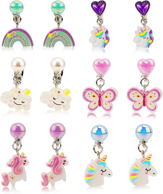 Mikovivi 6 Pairs Colorful Clip on Drop Earrings Set, Resin No Pierced Design Kids Child Dangle Earrings Cute Butterfly Ear Clips for Children Toddler Party Daily Wearing Princess Jewelry