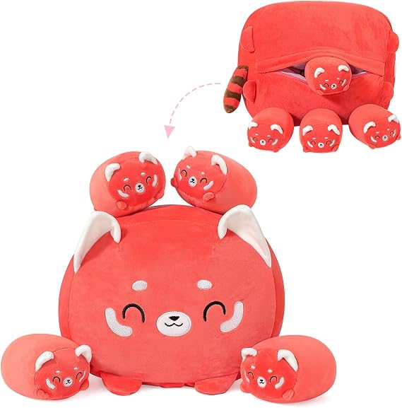 PEACH CAT Red Panda Stuffed Animals 1 Mommy 15.7" Plushies with 4 Cute Babies Inside, 5 Pieces Plush Toys Set Gifts for Kids