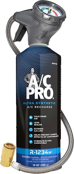 A/C Pro R-1234YF AC Recharge Kit, AC Leak Sealer with R-1234YF Refrigerant Seals Rubber Leaks, Includes Universal Gauge and YF Snap-Lock Coupler, 14 OZ