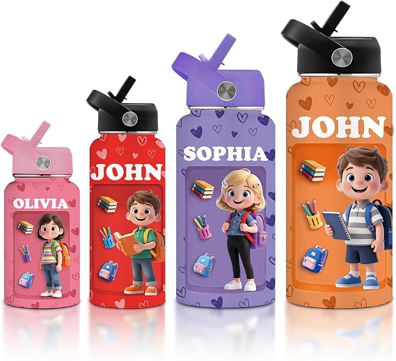 Custom Water Bottle Personalized 3D Photo Stainless Steel Insulated Bottles Straw Lid with Name for Kids Women Men Adults School Cycling Gym Sports