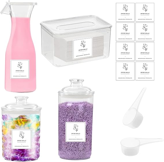 Les-Theresa 4Pcs Laundry Liquid Dispenser Pods Tablet Storage Container with Labels Washing Powder Storage, Laundry Detergent Storage Containers for Fabric Softener, Scent Booster