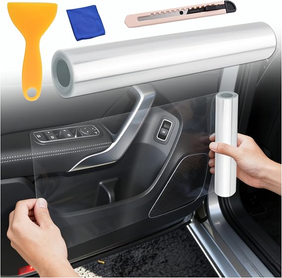 9.84Ft x 7.87" Car Door Protector,Self-Adhesive Car Door Edge Guards Protect Surface from Scratches,Clear Protective Film as Doors Sill Protectors for Vehicles with Scraper/Knife/Towel