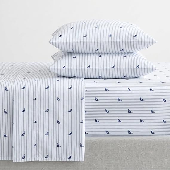 Nautica - Queen Sheets, Cotton Percale Bedding Set, Casual Home Decor (Audley Stripe Blue, Queen)