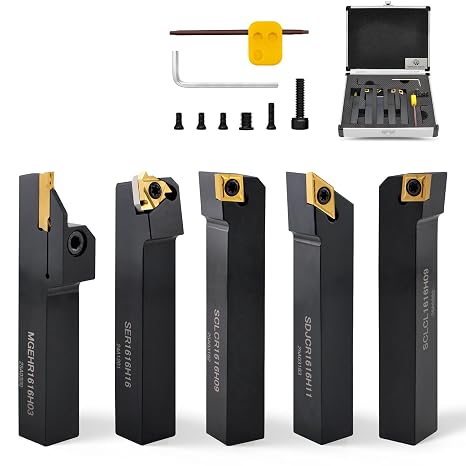 Indexable 16mm Lathe Holder Tool Carbide Lathe Turning Tool Set 16mm Shank 5 Tool Holders + 5 Inserts for Metal Lathes in Aluminium Case
