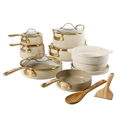Bloomhouse 15-Piece Ceramic Nonstick Cookware Set, Two Time Oprah's Favorite Things, Heavy-Gauge Aluminum Pots and Pans Set, PFAS & PFOA & PTFE Free Ceramic Cookware, Oven Safe to 500F, Almond Cream