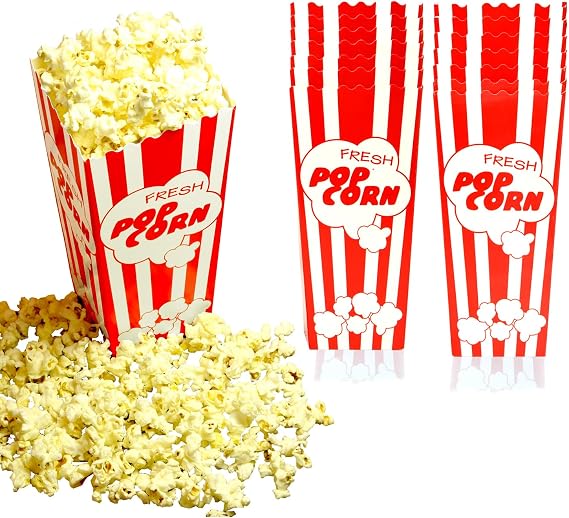15 Movie Night Popcorn Paper Boxes Buckets 7.75 Inches Tall Large & Holds 46 Oz Old Fashion Vintage Retro Party Design Red & White Colored Nostalgic Carnival Stripes Bags & Tubs various qty avail | Large buckets hold 46oz, stand 7.75 inches, with vintage, old-fashioned retro carnival stripes. Other quantities available.