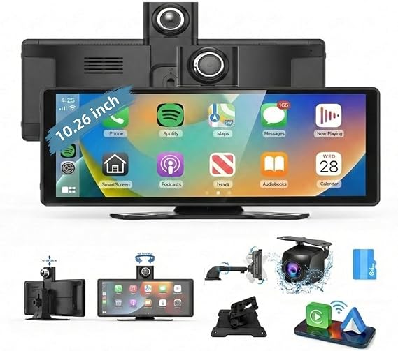 10.26" Wireless Apple CarPlay Screen for Car & Android Auto Screen, Portable Car Stereo Touchscreen with 4K Dash Cam, 1080P Rear Camera, Voice Control, Mirror Link, Bluetooth/FM/AUX, 64GB TF,12V/24V