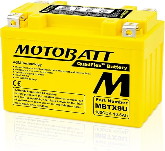 MotoBatt MBTX9U Battery 12V 10.5A 160CCA Factory Activated Quadflex AGM Battery Replaces -YTX9-BS, YT12A-BS, YTZ12S, YTZ14S, ETX9