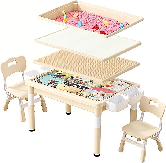 UNICOO Kids Sand and Water Table, Toddler Activity Table with Storage Bins, Multi-Functional Play Table for Drawing, Building Blocks, Sensory Play, Indoor Outdoor Toy for Boys Girls (White & Natural)