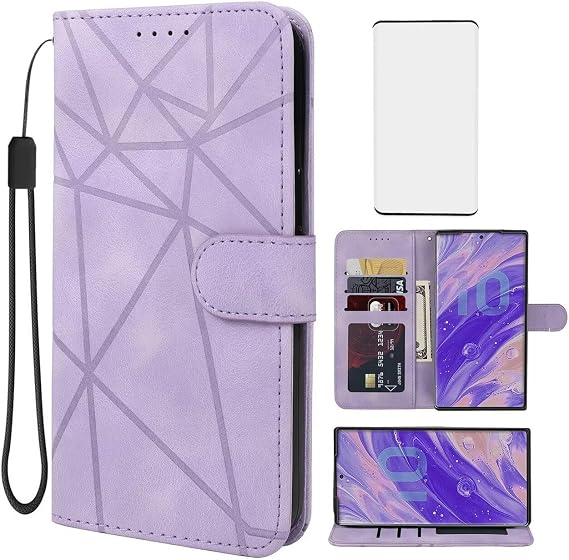 Galaxy Note 10 Plus 5G/Samsung Note 10+ N975U ウォレットケース 強化ガラススクリーンプロテクター付き レザーフリップクレジットカードホルダー スタンド 電話ケース Samsung Galaxy Note 10+用 パープル
