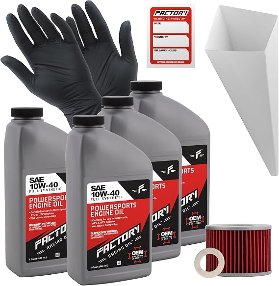 Factory Racing Parts Oil Change Kit compatible with Honda CB650C CB650SC CB750K GL1100 GL1200 Includes 4 Quarts of 10W-40 Full Synthetic Oil, 1 Filter, 1 Crush Washer, 1 Funnel, 1 Oil Change Sticker