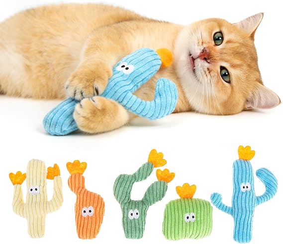 Catnip Cat Toys, 5 Pack Cactus Cat Toys with Organic Catnip, Interactive Chew & Kick Toys for Indoor Cats, Plush Teething Toys for Kittens, Fun Cactus Shape