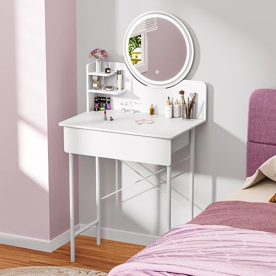 Makeup Vanity Desk with LED Lighted Mirror, Vanity Table with 1 Drawer and 2 Opening Shelves, Bedroom Dressing Table, 3 Modes Brightness Adjustable White