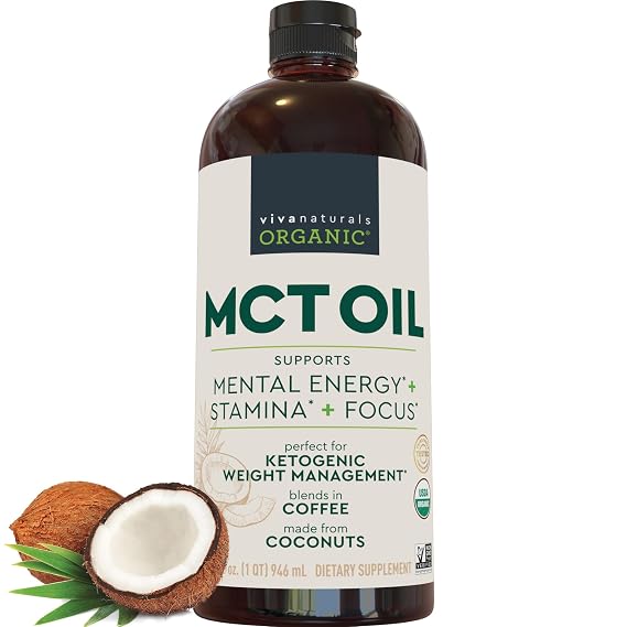 Viva Naturals Organic MCT Oil, 32 fl oz MCT Oil for Coffee, USDA Organic, Non-GMO, Paleo Certified & Keto Friendly, Supports Energy & Mental Clarity