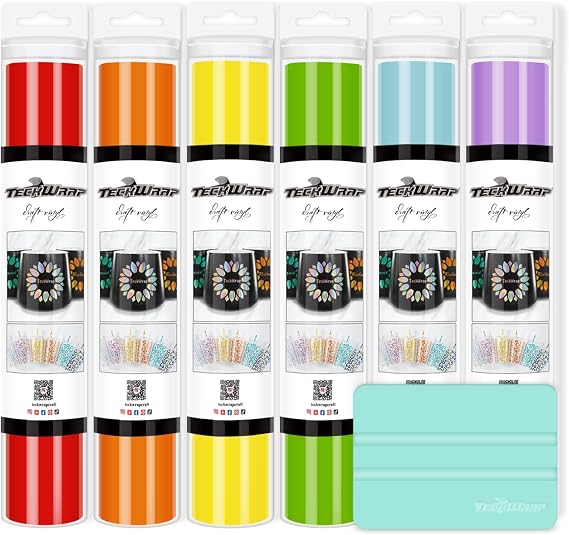 TECKWRAP 001 Vinyl Permanent Adhesive Vinyl Bundle Glossy Adhesive Craft Vinyl Bundle 12" x 36"/Rolls for Craft Cutters,Sign Plotters(Rainbow Bundle)