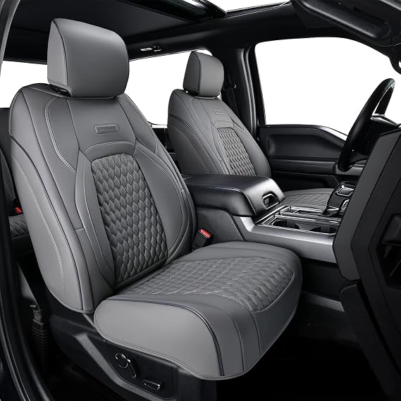 Coverado Ford F150 Seat Covers Full Set, Car Seat Covers Waterproof Faux Leather Full Coverage Protector Pickup Truck Car Seat Cushion Cover Fit for 2015-2026 Ford F150, 2017-2026 F250 F350 F450,Gray