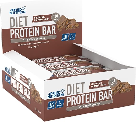 Applied Nutrition Diet Protein Bar, High Protein, Low Sugar Protein Snack Bar with Added Vitamins - Chocolate Carmel Crisp (12 x 45g)